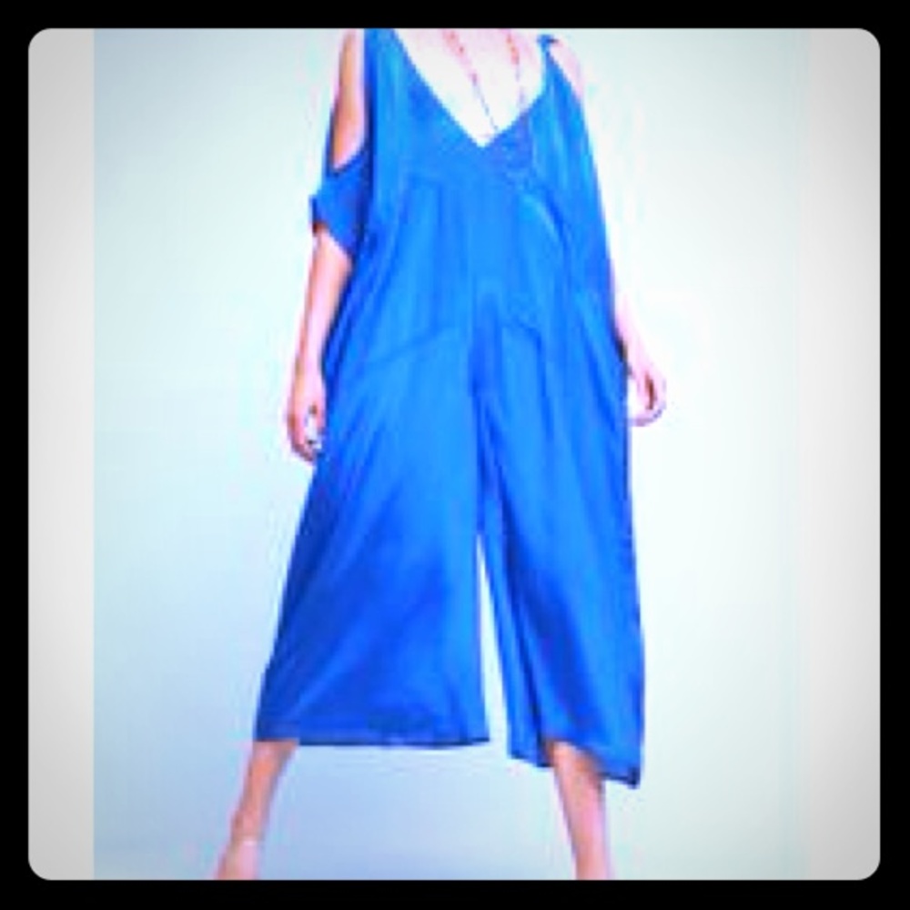 Wide Leg Open Shoulder Cobalt Silk Jumper